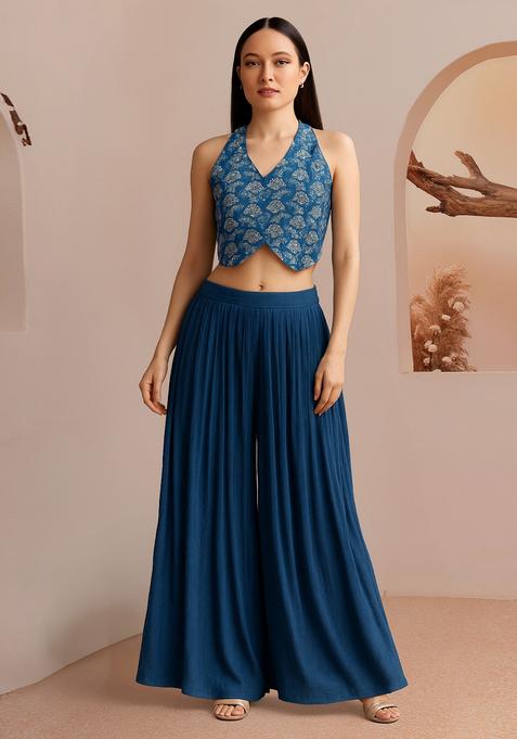 Blue Printed Georgette Fusion Set