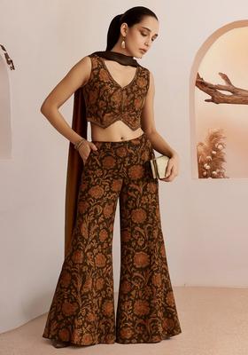 Brown Printed Silk Fusion Set