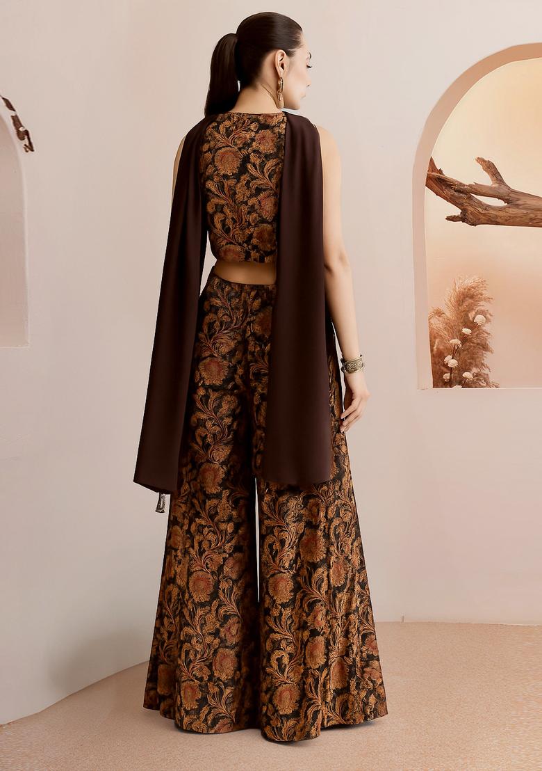 Brown Printed Silk Fusion Set - Indya