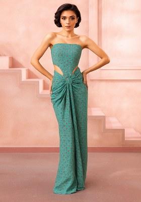 Blue Printed Silk Fusion Set