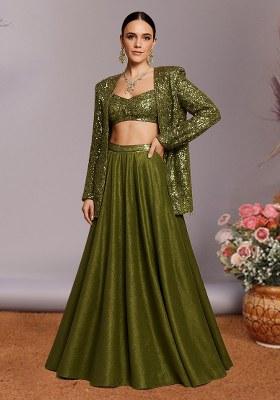 Green Sequin Georgette Lehenga Set