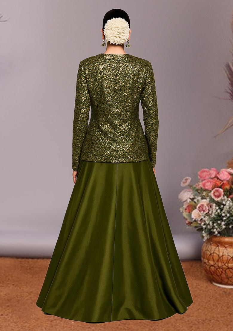 Green Sequin Georgette Lehenga Set - Indya