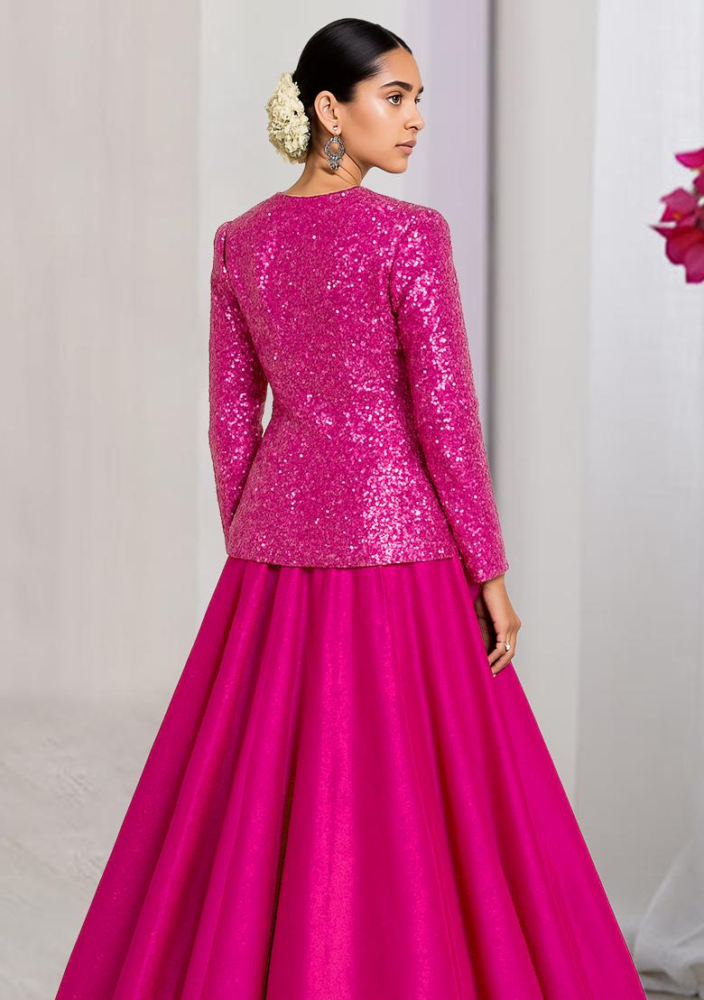Hot Pink Sequin Georgette Lehenga Set - Indya