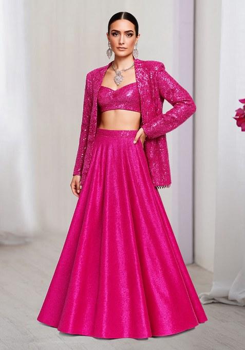 Hot Pink Sequin Georgette Lehenga Set