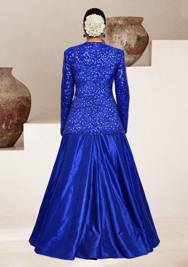 Navy Blue Sequin Georgette Lehenga Set - Indya