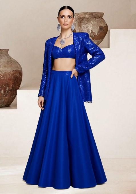 Navy Blue Sequin Georgette Lehenga Set