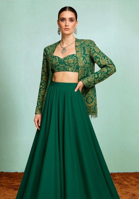 Sea Green Jacquard Brocade Lehenga Set
