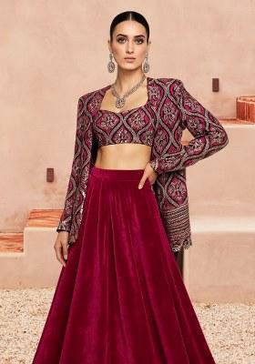 Maroon Thread Embroidered Velvet Lehenga Set