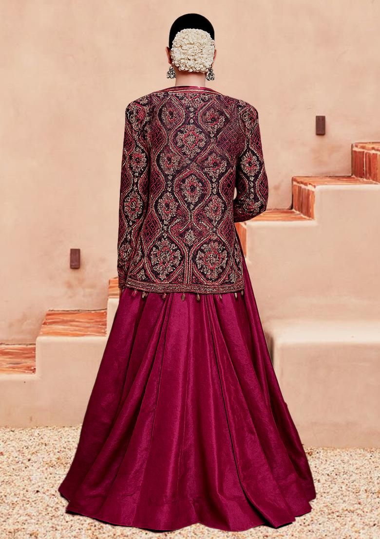 Maroon Thread Embroidered Velvet Lehenga Set - Indya