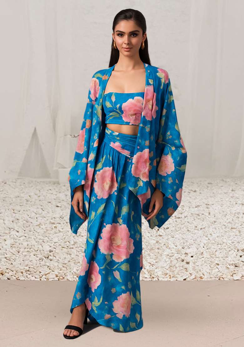 Blue Printed Satin Fusion Set - Indya
