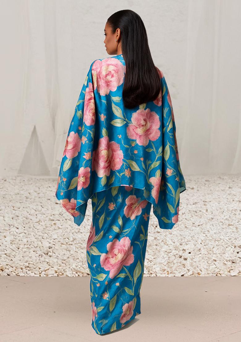 Blue Printed Satin Fusion Set - Indya