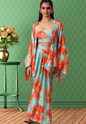 Sky Blue Printed Silk Fusion Set