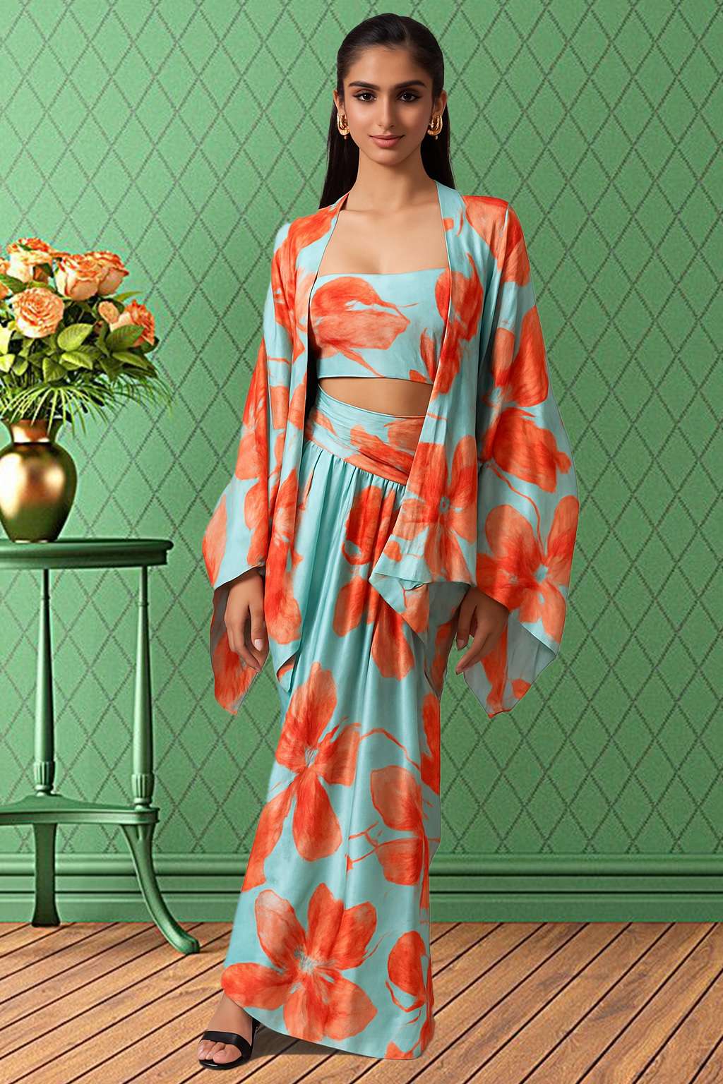 Sky Blue Printed Silk Fusion Set - Indya