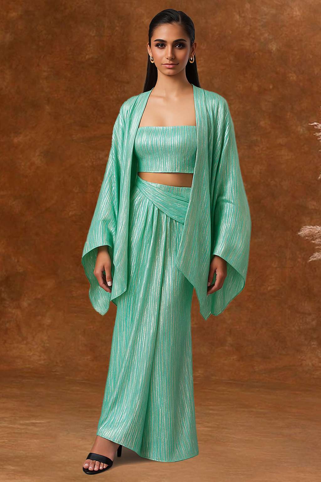 Sea Green Solid Satin Fusion Set - Indya