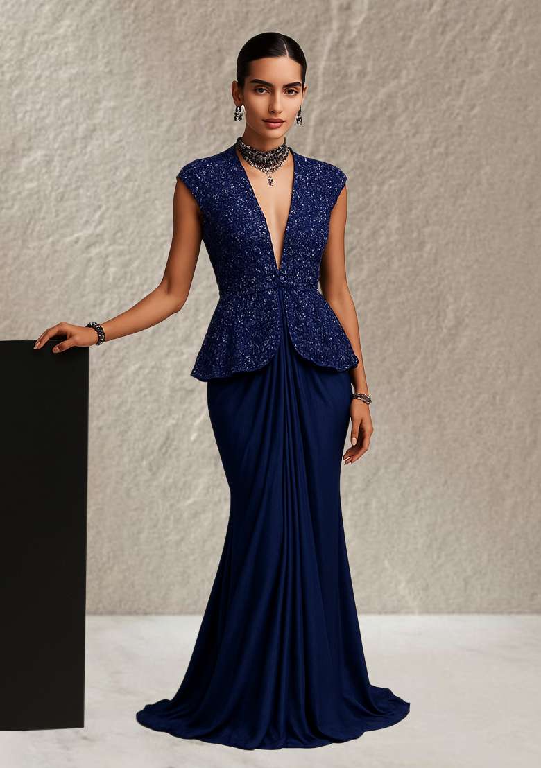 Navy Blue Sequin Blouse Georgette Fusion Set - Indya