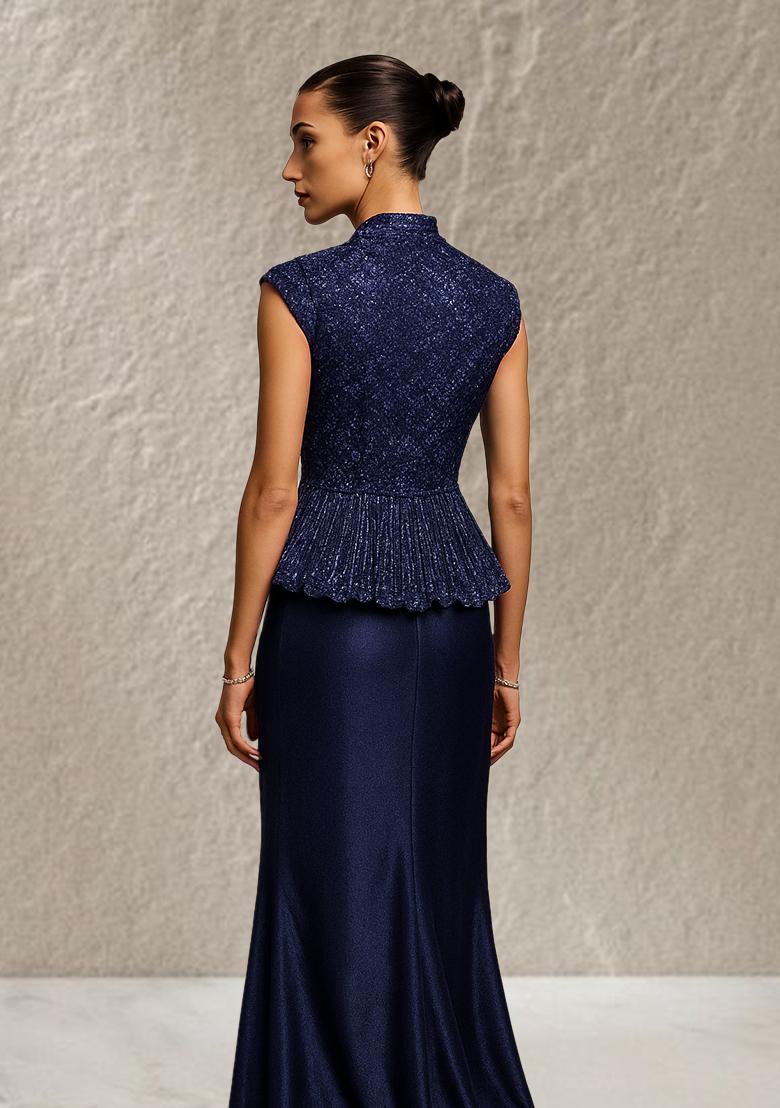 Navy Blue Sequin Blouse Georgette Fusion Set - Indya