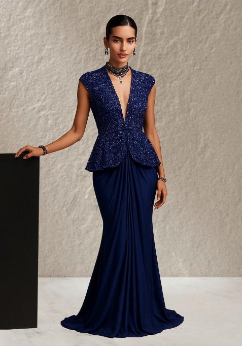 Navy Blue Sequin Blouse Georgette Fusion Set