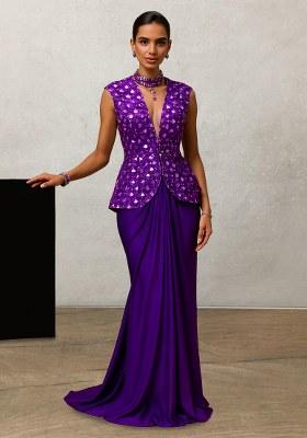 Purple Embellished Blouse Silk Fusion Set