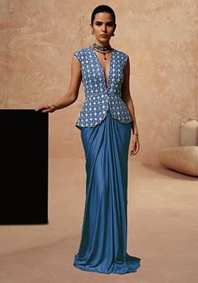 Blue Embellished Blouse Silk Fusion Set