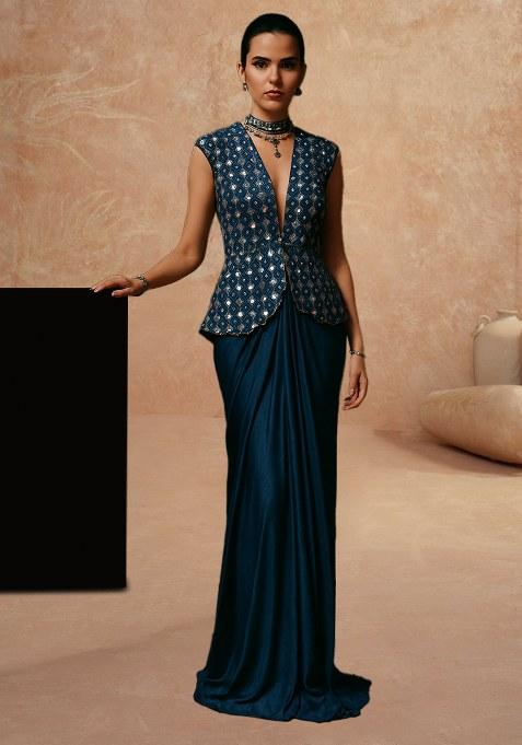Blue Embellished Blouse Silk Fusion Set