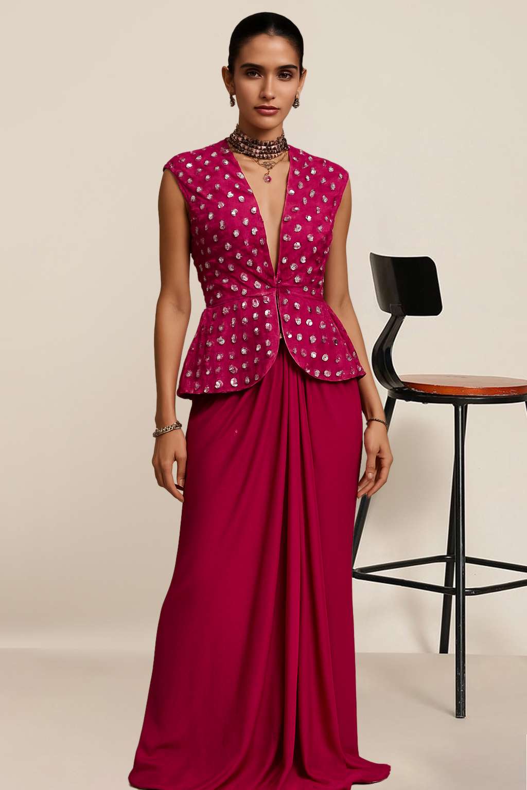 Hot Pink Embellished Blouse Silk Fusion Set - Indya
