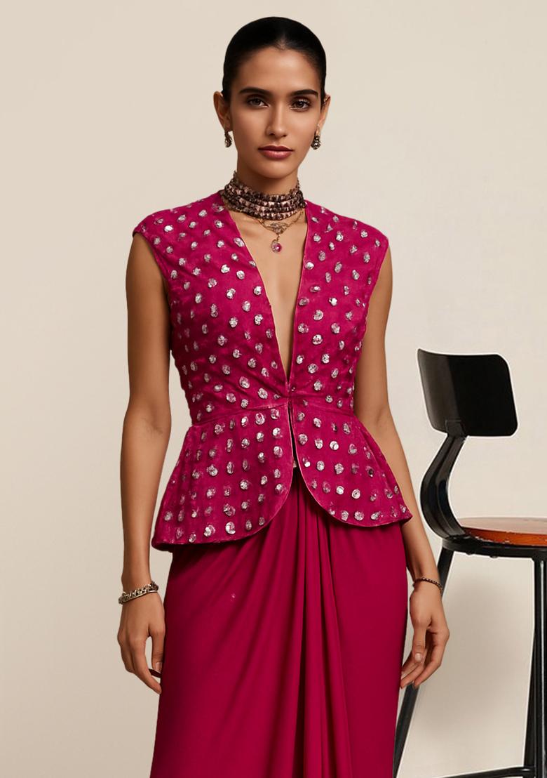 Hot Pink Embellished Blouse Silk Fusion Set - Indya