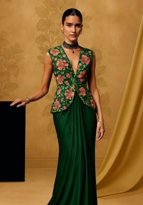 Green Embroidered Blouse Chiffon Fusion Set