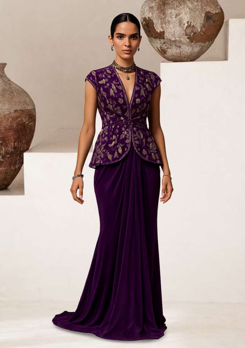 Purple Embroidered Blouse Velvet Fusion Set - Indya