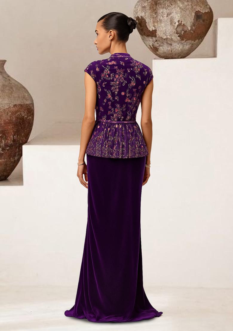 Purple Embroidered Blouse Velvet Fusion Set - Indya