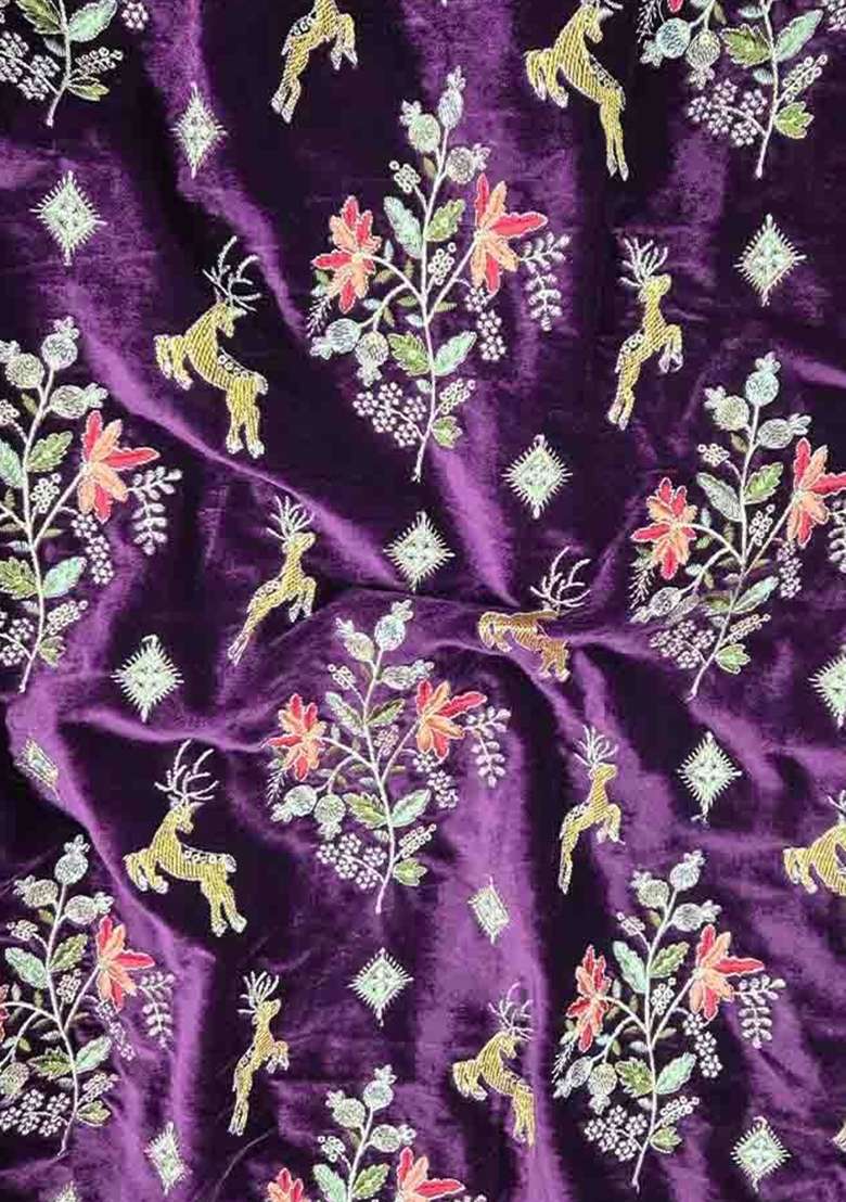 Purple Embroidered Blouse Velvet Fusion Set - Indya