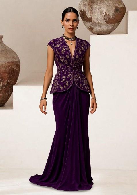 Purple Embroidered Blouse Velvet Fusion Set