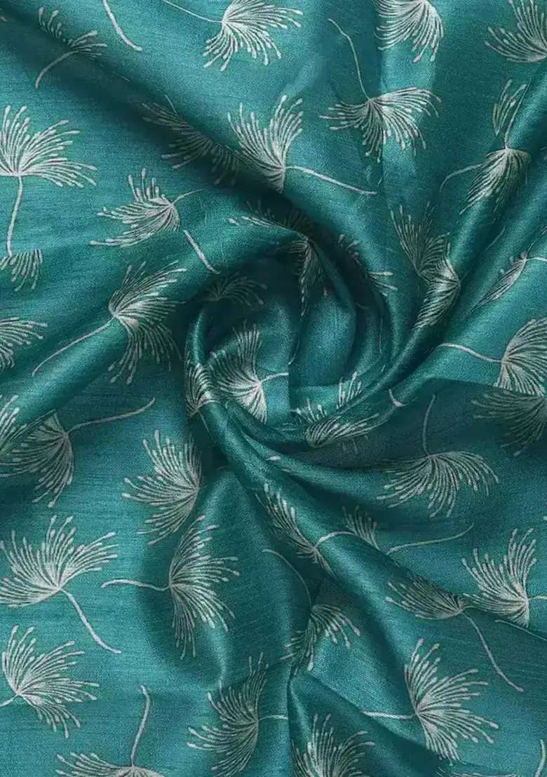 Teal Blue Printed Tusser Silk Fusion Set - Indya