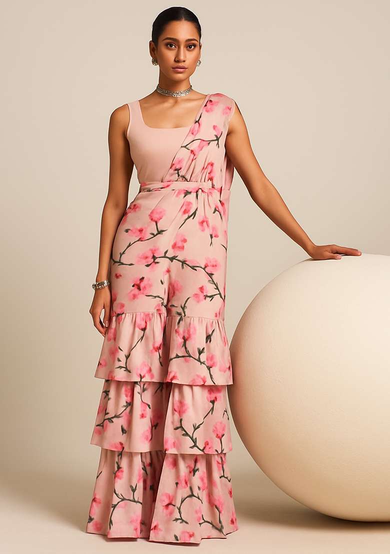 Peach Printed Tusser Silk Fusion Set - Indya