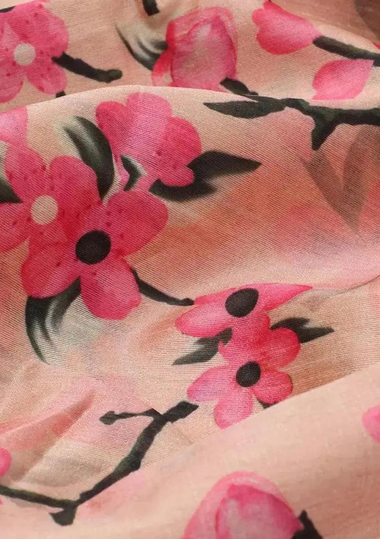 Peach Printed Tusser Silk Fusion Set - Indya