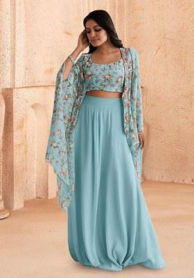Pastel Blue Printed Georgette Fusion Set