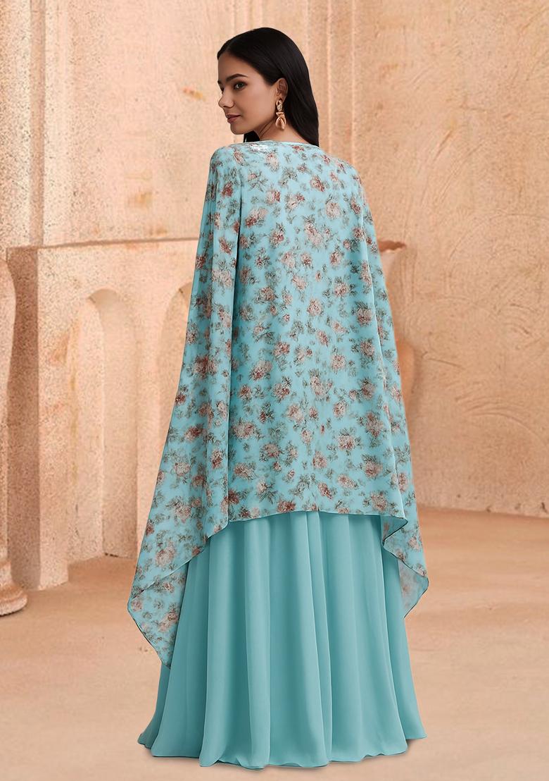 Pastel Blue Printed Georgette Fusion Set - Indya