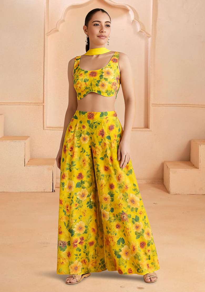 Yellow Printed Georgette Fusion Set for Diwali and Festive Wear - Indya