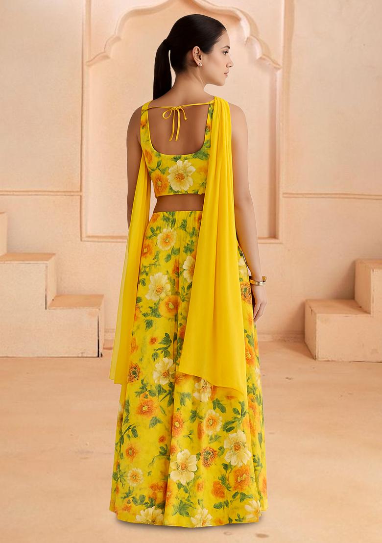 Yellow Printed Georgette Fusion Set - Indya