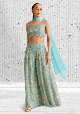 Pastel Blue Printed Georgette Fusion Set