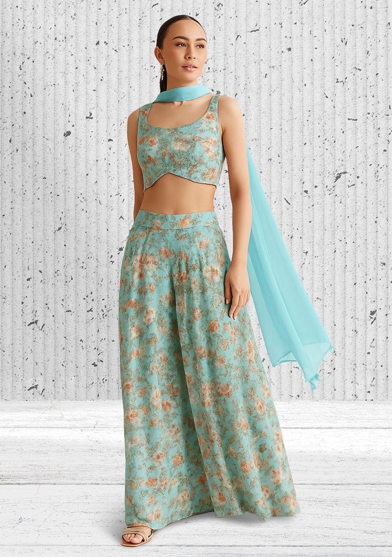 Pastel Blue Printed Georgette Fusion Set