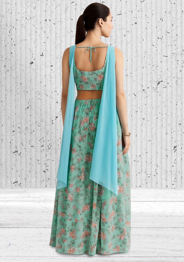Pastel Blue Printed Georgette Fusion Set - Indya