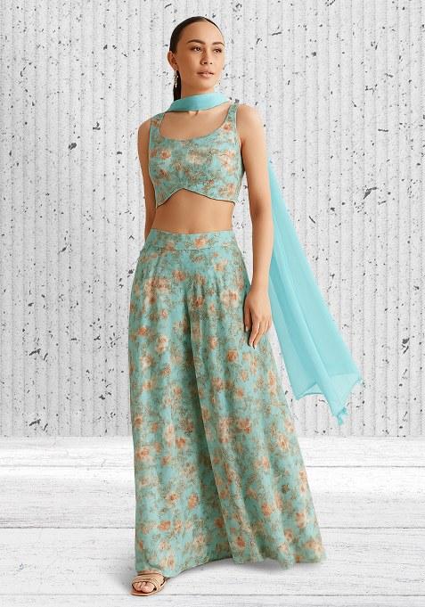Pastel Blue Printed Georgette Fusion Set