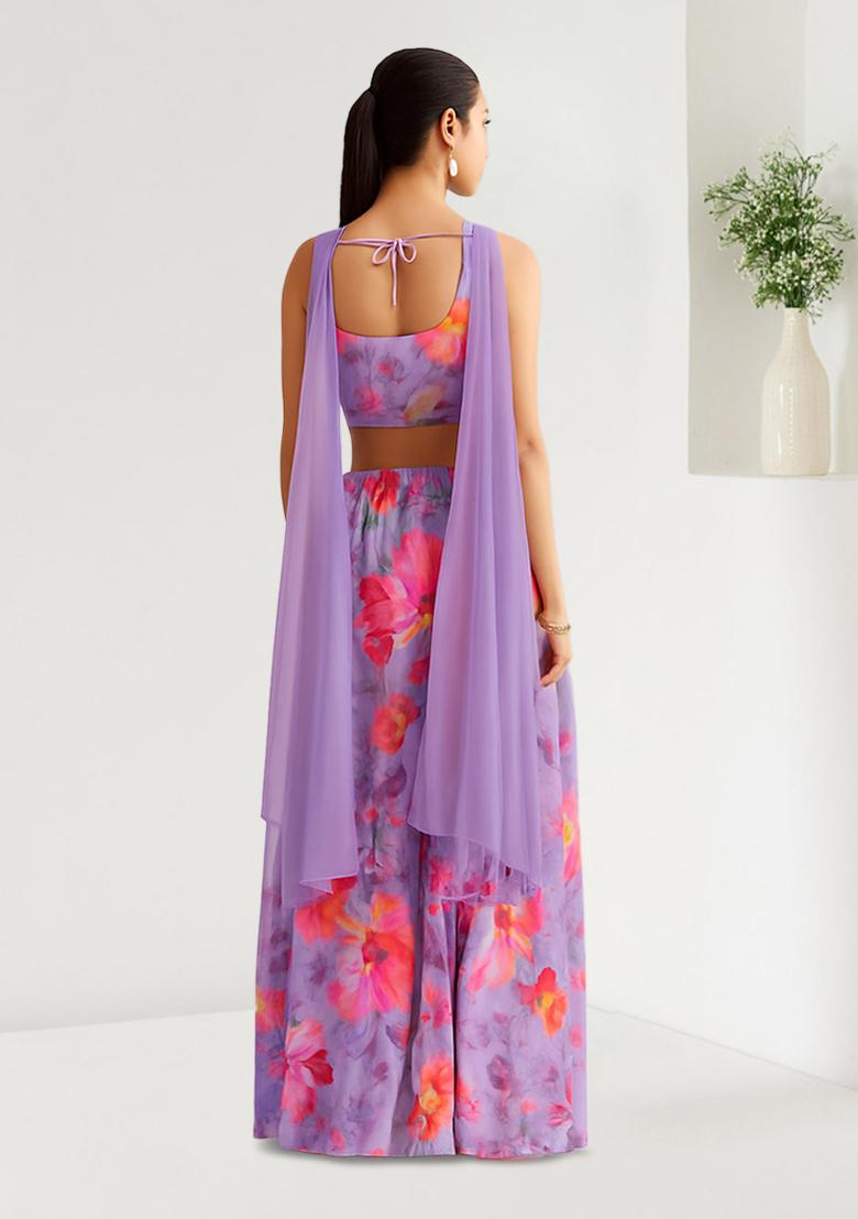 Purple Printed Georgette Fusion Set - Indya