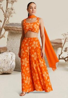 Orange Printed Georgette Fusion Set