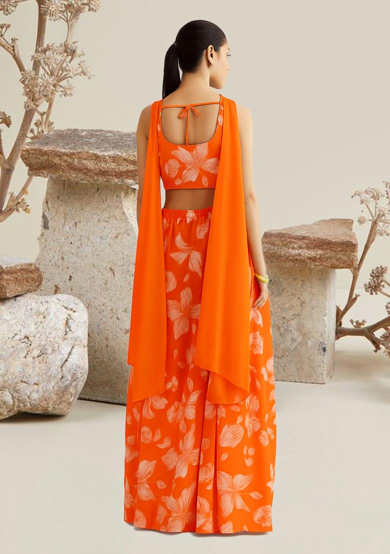 Orange Printed Georgette Fusion Set - Indya