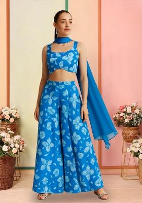 Blue Printed Georgette Fusion Set