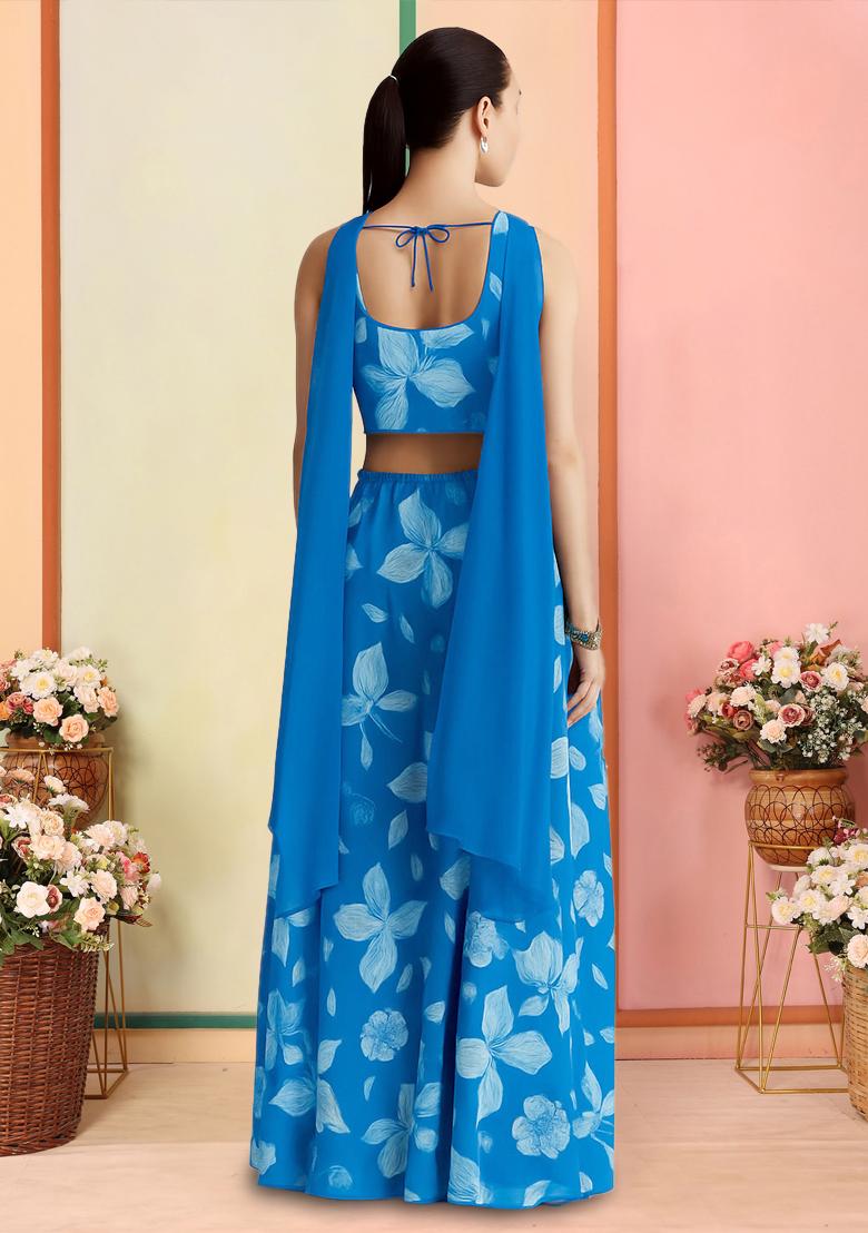 Blue Printed Georgette Fusion Set - Indya