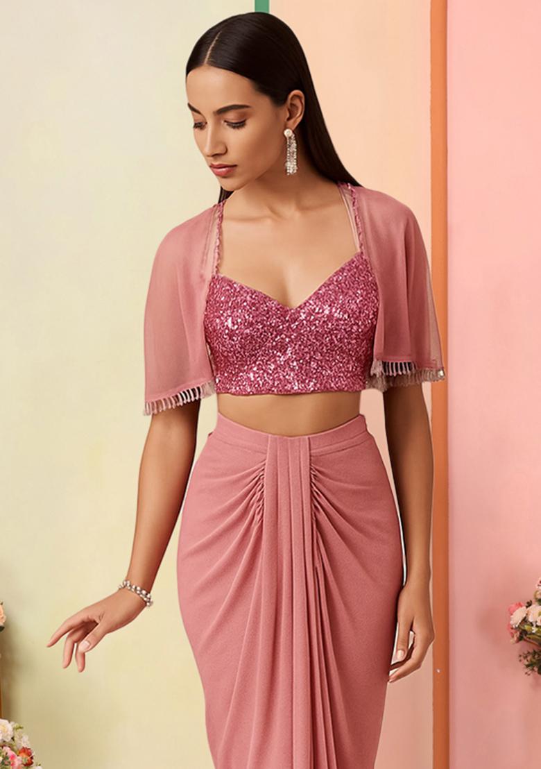 Pink Sequin Embroidered Fusion Set - Indya