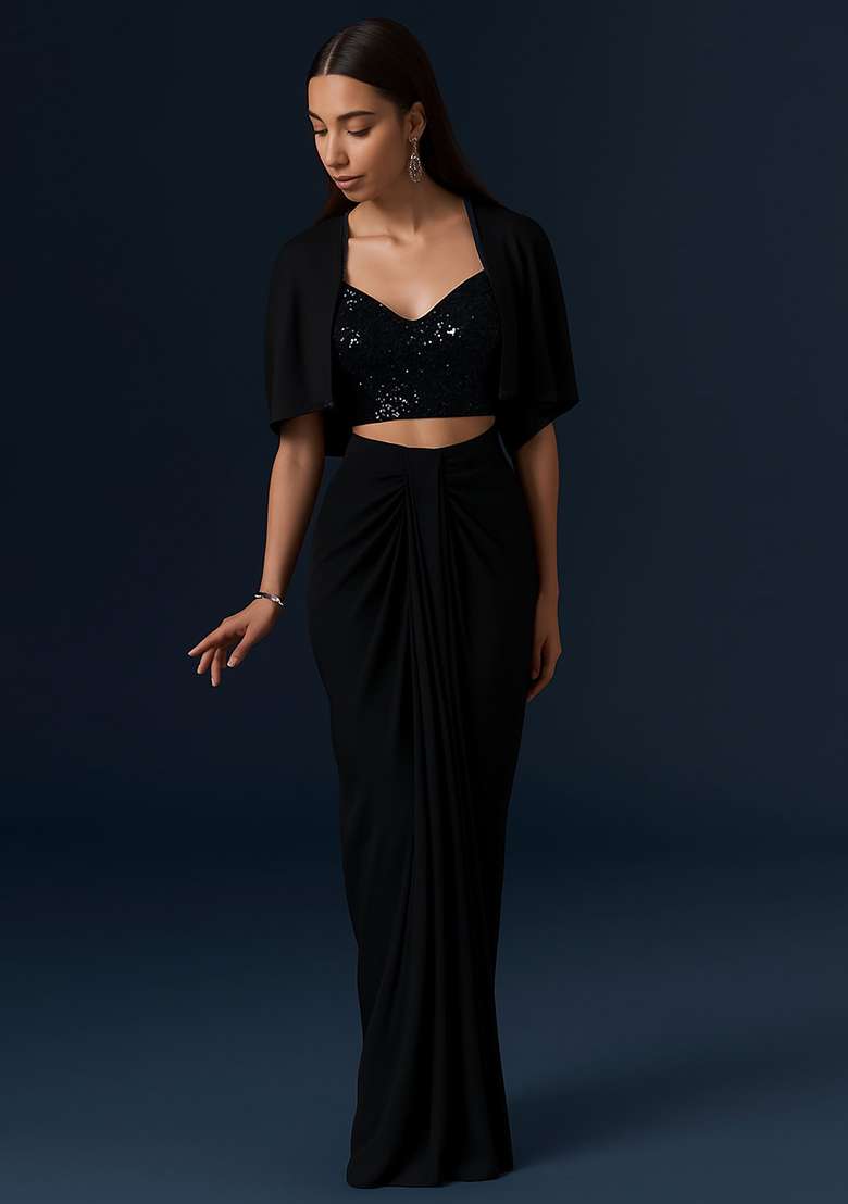 Black Blouse Fusion Set with Embroidered & Sequin for Diwali | Wedding & Festive Wear - Indya