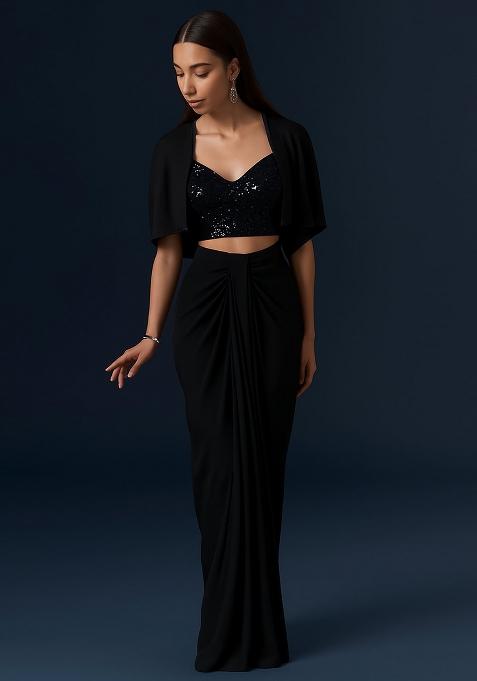 Black Sequin Embroidered Blouse Fusion Set